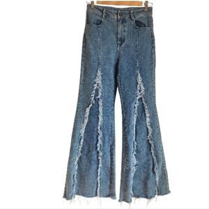 Flying Tomato Under The Tuscan Sun Blue‎ Frayed Flared Denim Jeans S High Waist